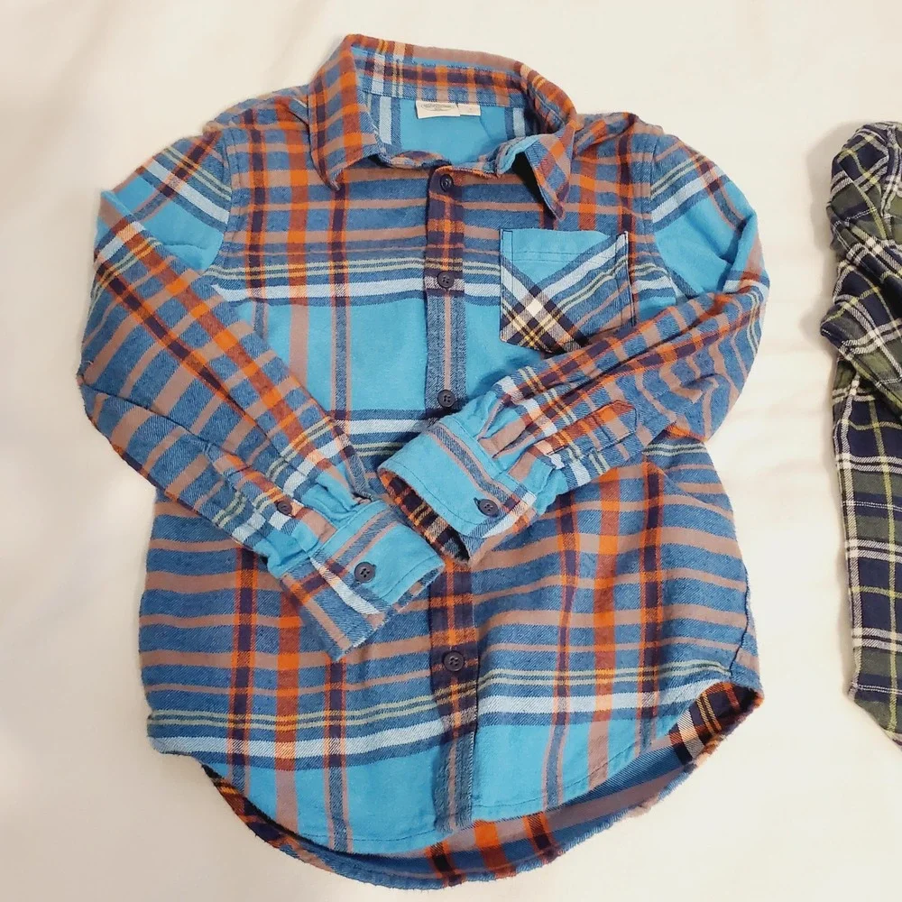 2 Pack Kids Flannel Button Down Shirts Blue Orange Green Plaid Cotton Tops